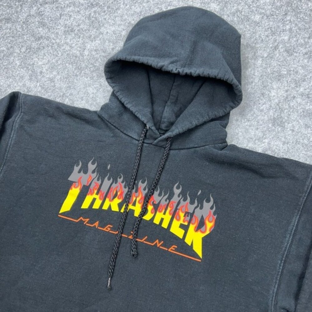 Thrasher Hoodie‎ Mens Medium Black Skater Grunge Goth Punk Flames Sweatshirt Y2K